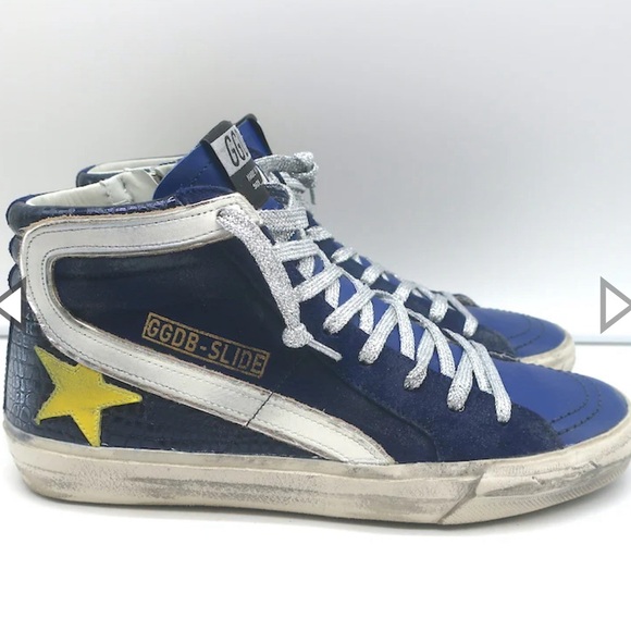 GOLDEN GOOSE SLIDE HIGH TOP SNEAKERS NAVY SUEDE & CROC-EMBOSSED LEATHER - Picture 3 of 3